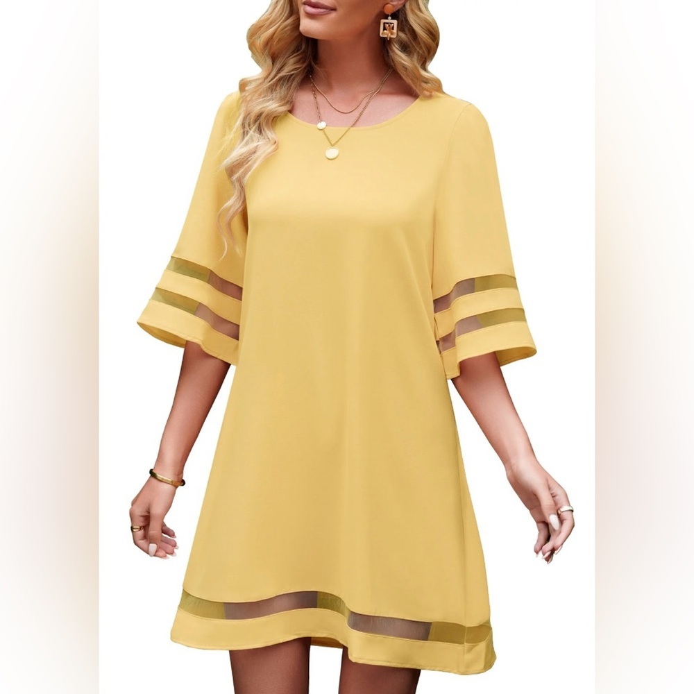 Women's Casual Knee Length Crewneck Mesh Panel Loose Dress in Desert Dust - Picture 3 of 9